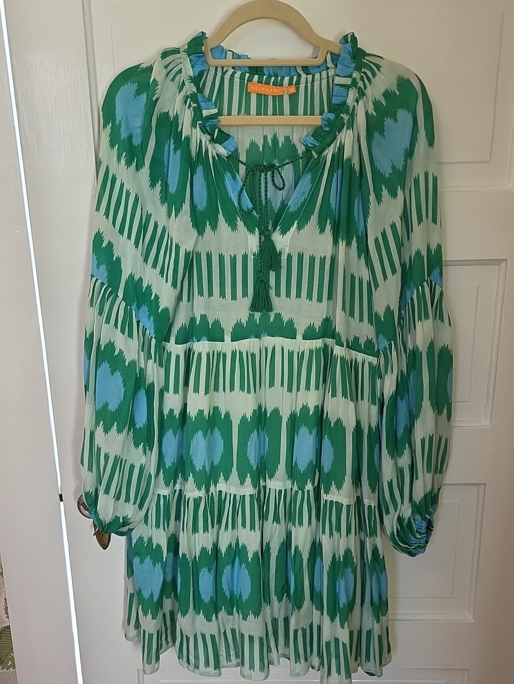 Oliphant Green and Light Blue Printed Tiered Dress